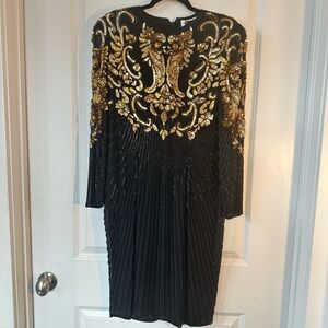 Niteline Vintage RARE Gold & Black Sequin Beaded Silk Cocktail Dress, Size 8